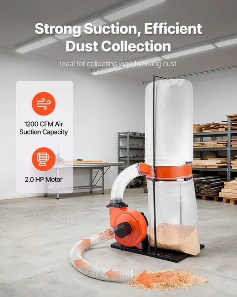 Beast 1200 CFM Dust Collector With 2.5 Micron Vortex Cone, 2.0HP Sawdust System in woodshop collecting sawdust