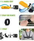 Hero Black Compact Waterproof Action Camera With 4K Ultra HD Video 12MP Photos Image Stabilization 50 In 1 Accessory Kit showing floating handle grip, wrist strap, and chest strap