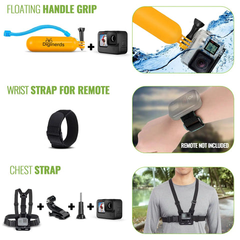 HERO13 Ultra Wide Action Camera Bundle with floating handle grip, wrist strap, and chest strap for diverse adventurous uses.