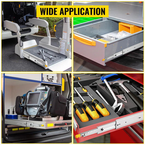 Heavy Duty 48 Inch Drawer Slides, Locking, 500 Lb Load, Side Mount Ball Bearing Glides, Full Extension, 1 Pair, Cold Rolled Steel, Anti Rust And Wear Resistant Construction used in van and tool drawers