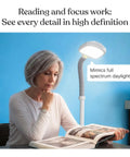 Litespan LED Floor Reading Lamp For Over Chair Tasks And Lash Extensions, mimics daylight, woman reading with adjustable lamp