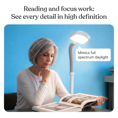 Litespan LED Floor Reading Lamp For Over Chair Tasks And Lash Extensions, mimics daylight, woman reading with adjustable lamp