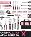 Pink 277 Piece Home Repair Kit With Wide Mouth 13 Inch Tool Bag Hammer Screwdrivers Pliers Wrenches And Essential Diy Household Tools