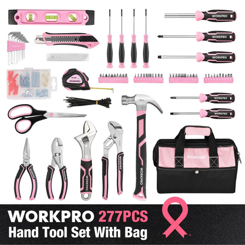 Pink 277 Piece Home Repair Kit With Wide Mouth 13 Inch Tool Bag Hammer Screwdrivers Pliers Wrenches And Essential Diy Household Tools
