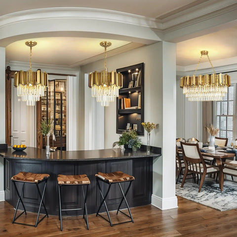 Dining area with two Gold Crystal Pendant Chandelier With Adjustable Chain For Dining Room, Living Room And Kitchen Island Modern Glam Lighting Fixture.
