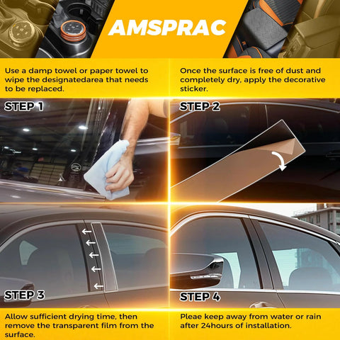 AMSPRAC door pillar covers for Chevrolet Malibu 2016–2021, glossy black anti-scratch exterior trim, 6 pcs, installation guide