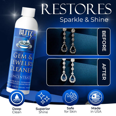Gem And Jewelry Cleaner Concentrate Refill For Ultrasonic Machines 8oz Safe Non Toxic Formula That Keeps Silver Shimmering Jewelry Sparkling And Bling Looking Fresh Between Cleanings. bottle with before after earrings