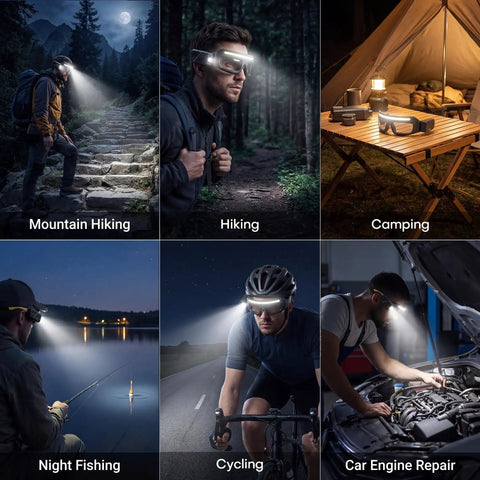 Kickass HandsFree Rechargeable Led Glasses Headlamp Featuring Motion Sensor And Tap Touch Switch Ipx4 Wet Weather Ready For Tactical Camping And Night Riding Gear in use during camping, fishing, and cycling.