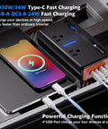 300W Car Power Inverter With Dual 110V AC Outlets And Heavy Duty Cigarette Lighter Plug Adapter Featuring Fast PD 36W QC 3.0 USB Ports To Juice Up Electronics On The Trail with phone charging.