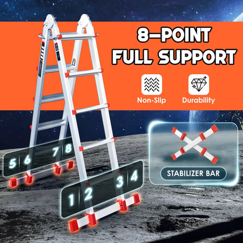 Telescoping A Frame Ladder 17 Ft With Anti Slip Feet, Multi Position Extension Ladder, Dual Stabilizer Bars For 8 Point Ground Contact, Secure Locking And Smooth Retraction For Stable Wobble Free High Reach Tasks. 17 ft aluminum A-frame with stabilizer bar