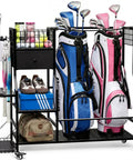 Garage Golf Bag Organizer And Storage Rack With 6 Club Slots Wheels Fabric Drawer And Hooks Holds 2 Golf Bags And Accessories