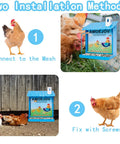 Top Shelf Metal Chicken Grit And Oyster Shell Feeder For Backyard Hens installation steps showing two methods with chickens nearby.
