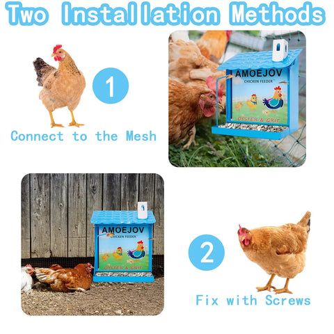 Top Shelf Metal Chicken Grit And Oyster Shell Feeder For Backyard Hens installation steps showing two methods with chickens nearby.