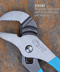 Tongue And Groove Pliers 9.5 Inch Straight Jaw With 1.5 Inch Jaw Capacity, Non Slip Undercut Groove Design, Permalock Fastener For No Nut Or Bolt Fail, Hand Tool Built For Tough Grips And Easy Clamping, Made In USA resting on rusty surface, showing strong 90-degree laser-hardened teeth