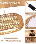 Close-up of 18 Inch Plug in Pendant Light, Boho Hanging Lamp with 15.7FT Light Cord featuring hand woven rattan lampshade.