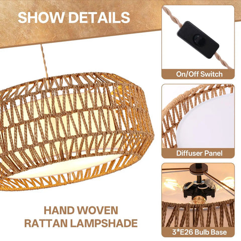 Close-up of 18 Inch Plug in Pendant Light, Boho Hanging Lamp with 15.7FT Light Cord featuring hand woven rattan lampshade.