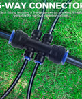 Close-up of 6-way connector on a drip irrigation system, part of the Eight Piece One Quarter Inch Drip Irrigation 6 Way Splitter Connector Kit