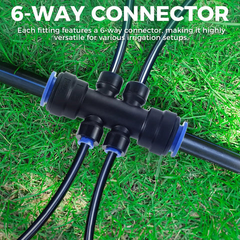 Close-up of 6-way connector on a drip irrigation system, part of the Eight Piece One Quarter Inch Drip Irrigation 6 Way Splitter Connector Kit
