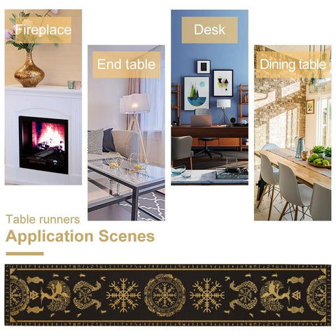Tree Of Life Dope Abstract Table Runner 13x60 Inches showcasing golden black Celtic geometric motifs in various room settings