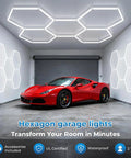 Hexagon LED Garage Lights 6500K Ultra Bright 156W 17280LM Beast Mode Daylight Honeycomb Panels installed in a garage