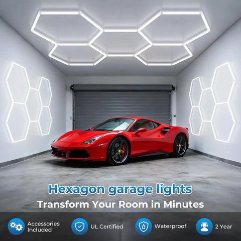 Hexagon LED Garage Lights 6500K Ultra Bright 156W 17280LM Beast Mode Daylight Honeycomb Panels installed in a garage