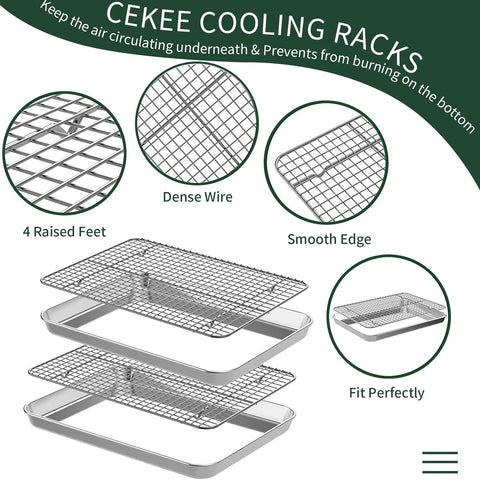 Quarter Sheet Pan With Cooling Rack Set Two Baking Sheets And Two Wire Racks Stainless Steel Rust Resistant Nonstick Finish 12x9.8x1 Inch