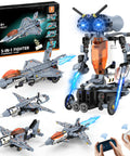 5 in 1 STEM RC Robot Building Kit With Fighter Jet Airplane Set shown with multiple build options and remote control.