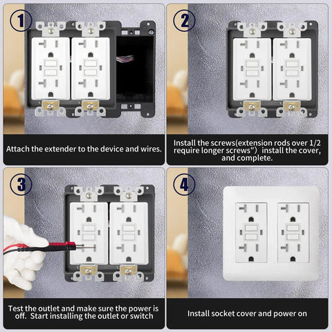 Step-by-step installation guide for Three Quarter Inch Double Gang Receptacle Box Extender Kit Gray With Mounting Screws.