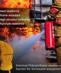 Firefighter using extinguisher near flames, wearing structural firefighter gloves with NFPA 1971 compliance moisture barrier.