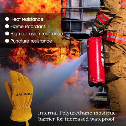 Firefighter using extinguisher near flames, wearing structural firefighter gloves with NFPA 1971 compliance moisture barrier.