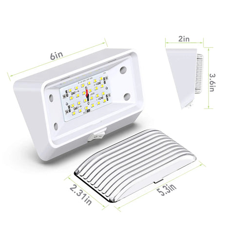 Rugged 12V LED RV Exterior Porch Light With Switch, 300 Lumen Ultra Bright Fixture, dimensions displayed, white housing