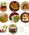 Punch Needle Coaster Kit For Beginners And Adults With Patterns Tools Yarns Hoop Adhesives Coaster Holder And Easy To Follow Instructions For Plant Themed DIY Fun Embroidery Craft displayed with coasters, tools, and yarns.