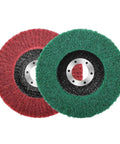 Versatile Non-Woven Flap Polishing Wheel Disc For Angle Grinders To Smooth Metal Wood And DIY Home Projects With Sandpaper Finish In Vibrant Green, featuring green and red discs.
