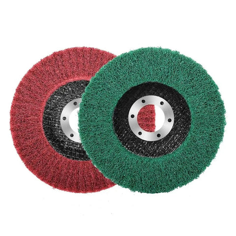 Versatile Non-Woven Flap Polishing Wheel Disc For Angle Grinders To Smooth Metal Wood And DIY Home Projects With Sandpaper Finish In Vibrant Green, featuring green and red discs.