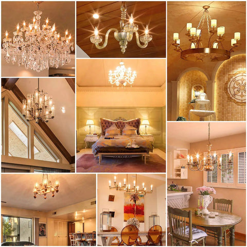 Various chandeliers and lighting fixtures showcasing Warm White Flame Tip Chandelier LED Bulbs 4W E12 Base 40W Equivalent for cozy decor.
