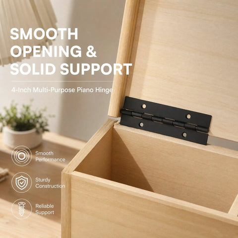 Heavy Duty No Nonsense 4 Inch Continuous Piano Hinges 8 Piece Set Black Steel For Cabinets Doors And Furniture Rust Resistant Finish Built Like A Tank For Zero Wobble Daily Operation, installed on wooden box.