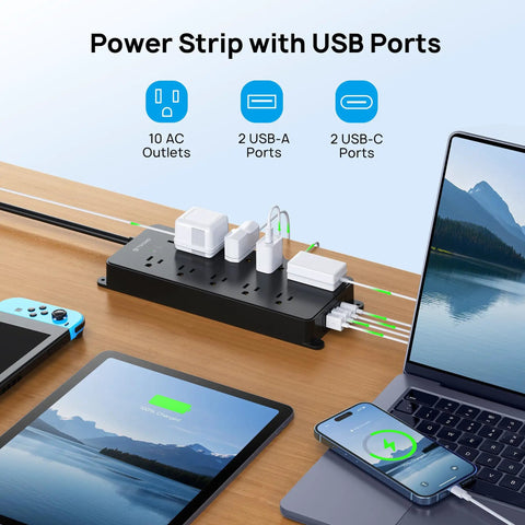 Power Strip Surge Protector With 10 Widely Spaced Outlets 2 USB C Ports And 2 USB A Ports 1875W 4000J shown charging devices.