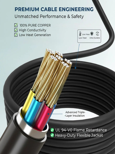 Heavy Duty 17 Ft Ev Charger Extension Cable 50A Sae J1772 plug with pure copper wires, showcasing advanced insulation and flexibility.