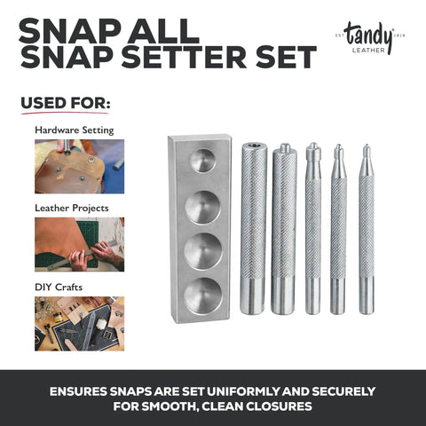 Leather Snap Setter Kit For Clean Consistent Installations At Home DIY Ready Tools For Belts Wallets Bags And Apparel Repairs Metal Base Block Multi Tool Snap Set with steel setters and solid base.