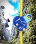 Blue Climbing Ascender Belay Device Rope Grab For Rock Climbing And Mountaineering with yellow rope in use on a cliff.