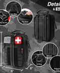 Front view of black survival first aid kit with MOLLE system and carrying handle.