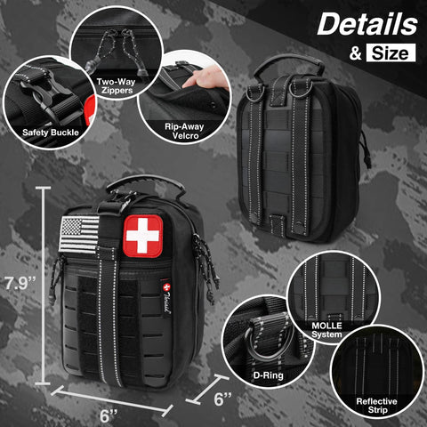 Front view of black survival first aid kit with MOLLE system and carrying handle.