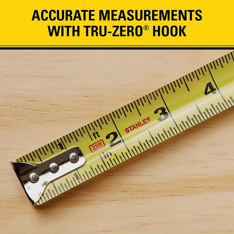 Close-up of tape measure showing measurements with Tru-Zero hook, part of Heavy Duty Silver Tape Measure With Durable Metal Case.