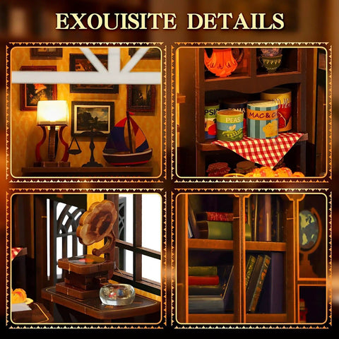 Collage details of Totally Awesome Miniature Dollhouse Kit With 3D Wooden Tiny Building Model Puzzle And LED Lights For Beginners