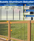 Muzata aluminum balusters display showing different baluster styles, post caps, connectors, and railing connectors for deck use.