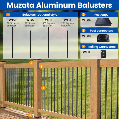 Muzata aluminum balusters styles and post connectors for deck railing systems.