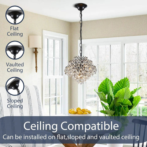 Chrome Modern Pendant Chandelier With Crystal Raindrop Lighting for dining room ceiling installation options.
