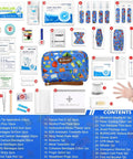 Portable travel first aid kit for kids and adults, front view, blue patterned pouch with 143 pieces.