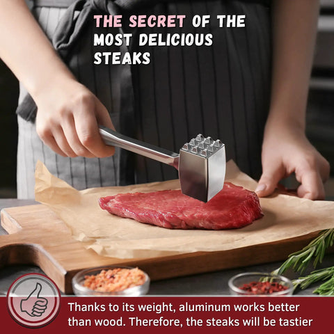 Dual-Sided Aluminum Meat Mallet Tenderizer used on steak, showing ergonomic grip and two-sided surfaces for home cooks.