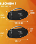 Hardest Hitting Portable Waterproof Speaker With Pro Sound And AI Boost, shown in black with dimensions and JBL logo.